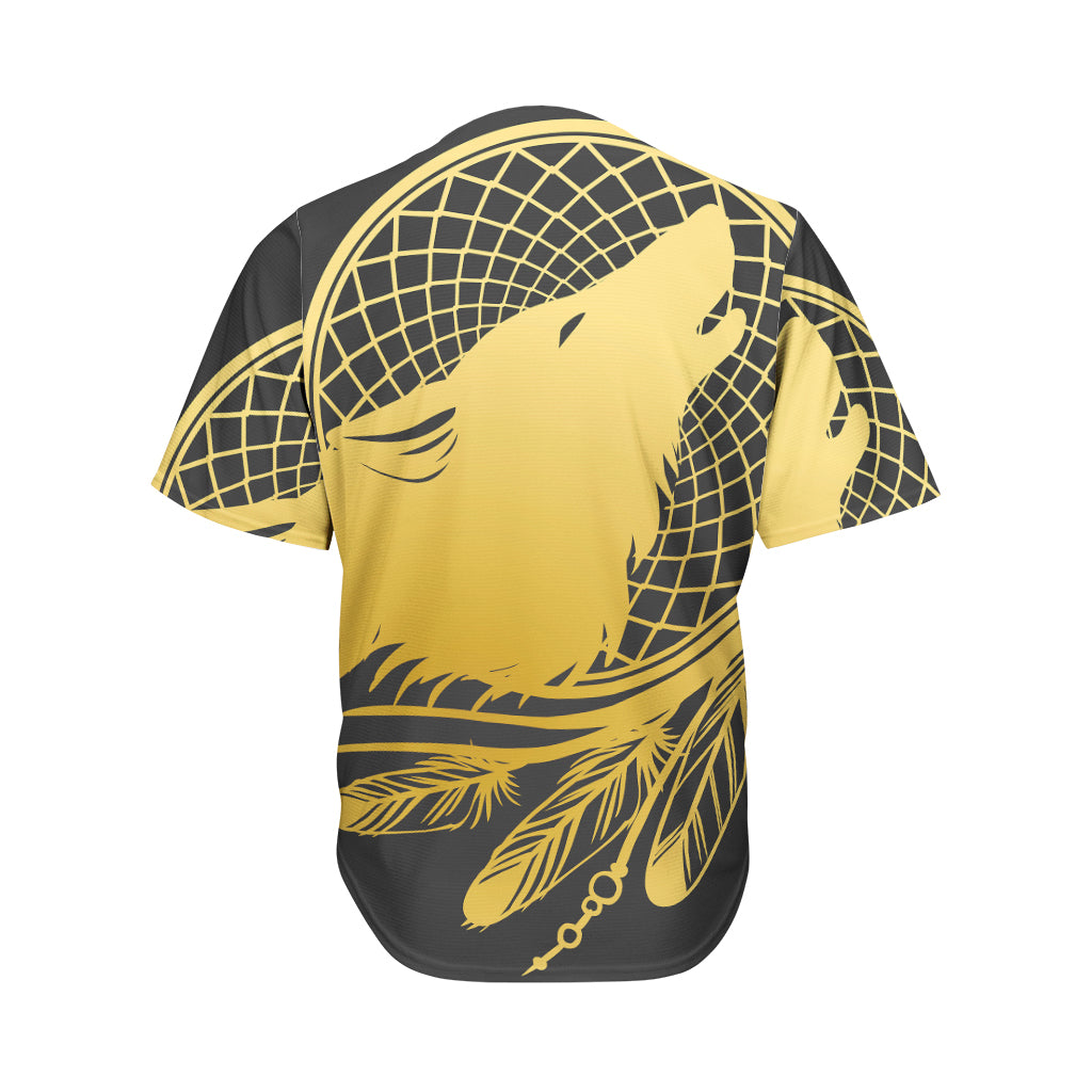 Golden Bohemian Howling Wolf Print Men's Baseball Jersey