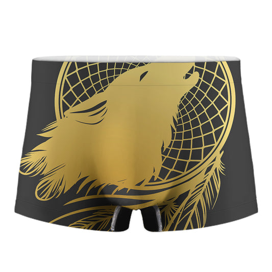 Golden Bohemian Howling Wolf Print Men's Boxer Briefs