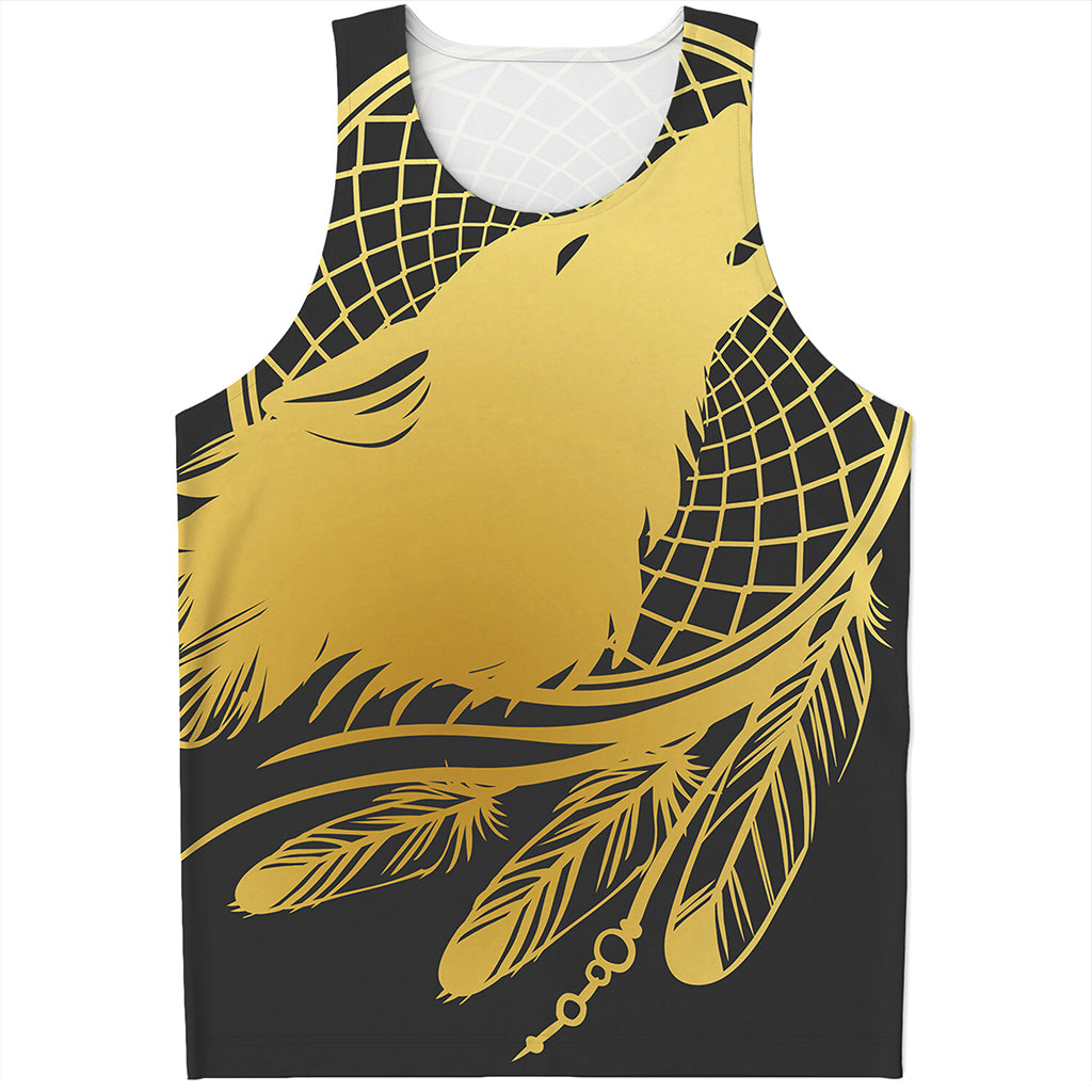 Golden Bohemian Howling Wolf Print Men's Tank Top