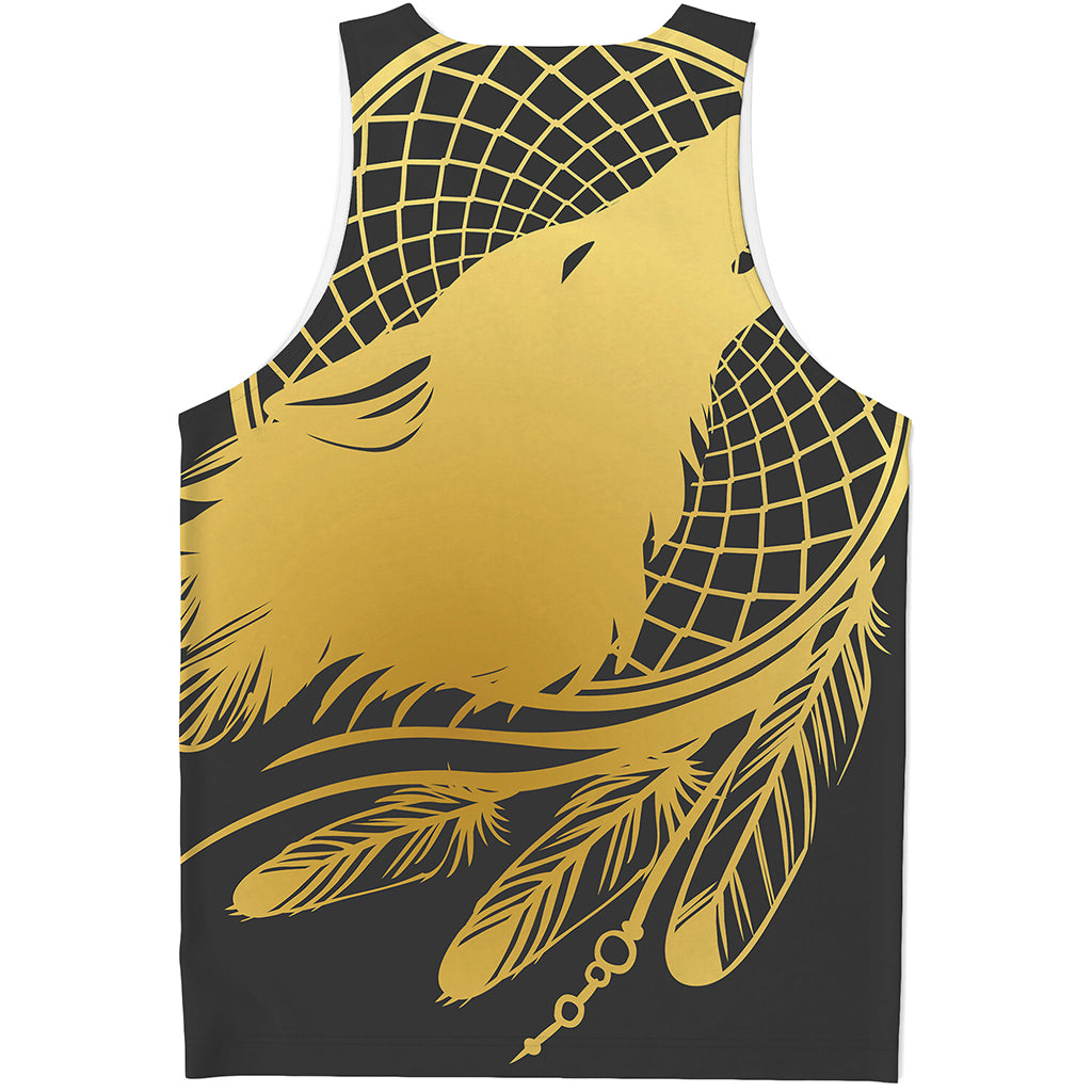 Golden Bohemian Howling Wolf Print Men's Tank Top