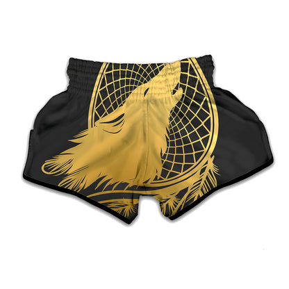 Golden Bohemian Howling Wolf Print Muay Thai Boxing Shorts