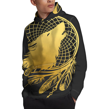 Golden Bohemian Howling Wolf Print Pullover Hoodie