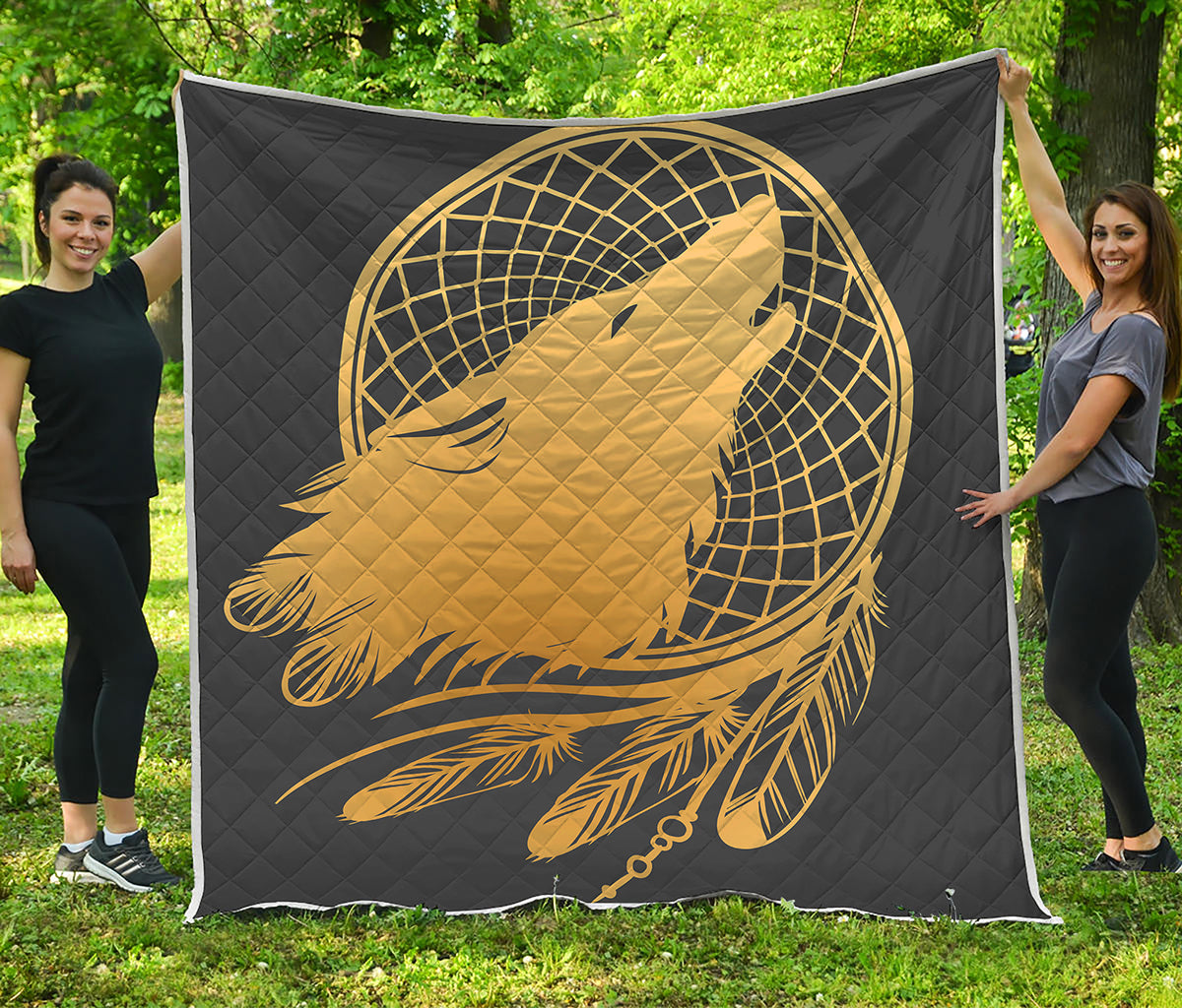 Golden Bohemian Howling Wolf Print Quilt