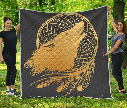 Golden Bohemian Howling Wolf Print Quilt
