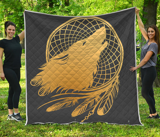 Golden Bohemian Howling Wolf Print Quilt