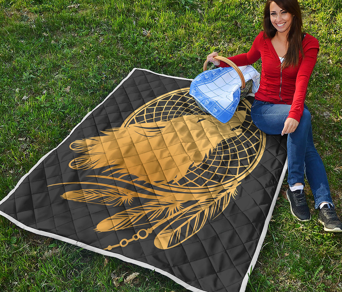 Golden Bohemian Howling Wolf Print Quilt