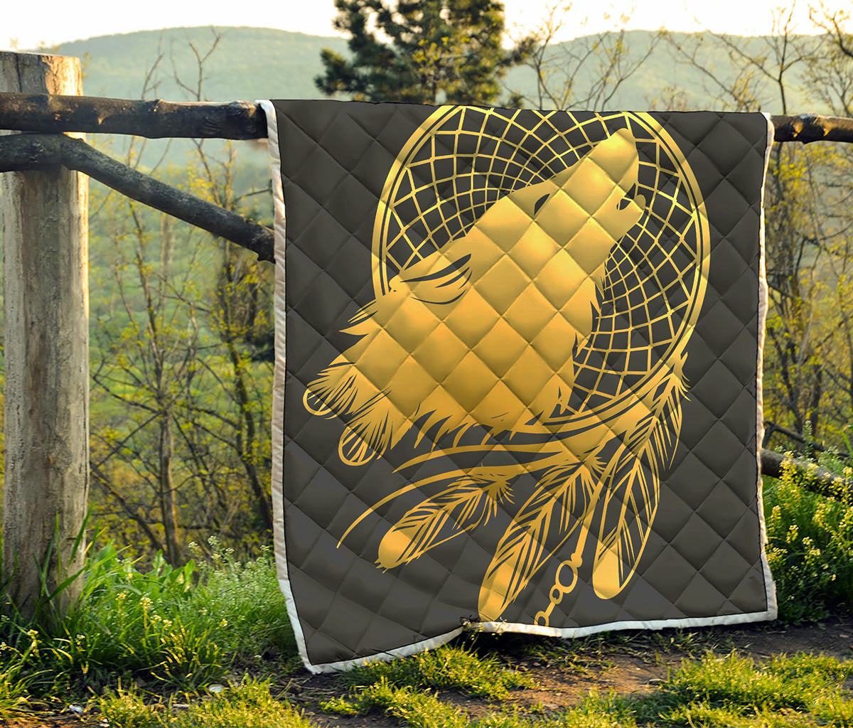 Golden Bohemian Howling Wolf Print Quilt