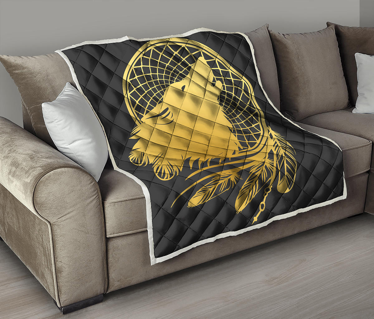 Golden Bohemian Howling Wolf Print Quilt