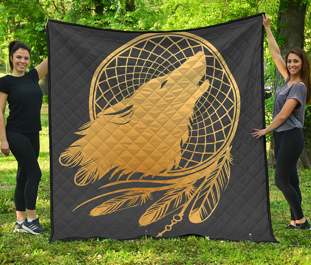 Golden Bohemian Howling Wolf Print Quilt