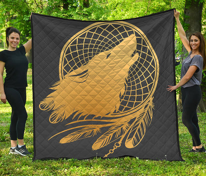Golden Bohemian Howling Wolf Print Quilt