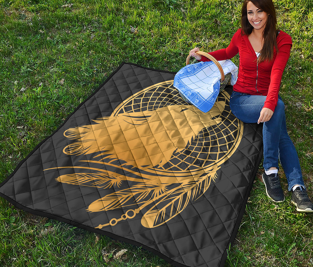 Golden Bohemian Howling Wolf Print Quilt