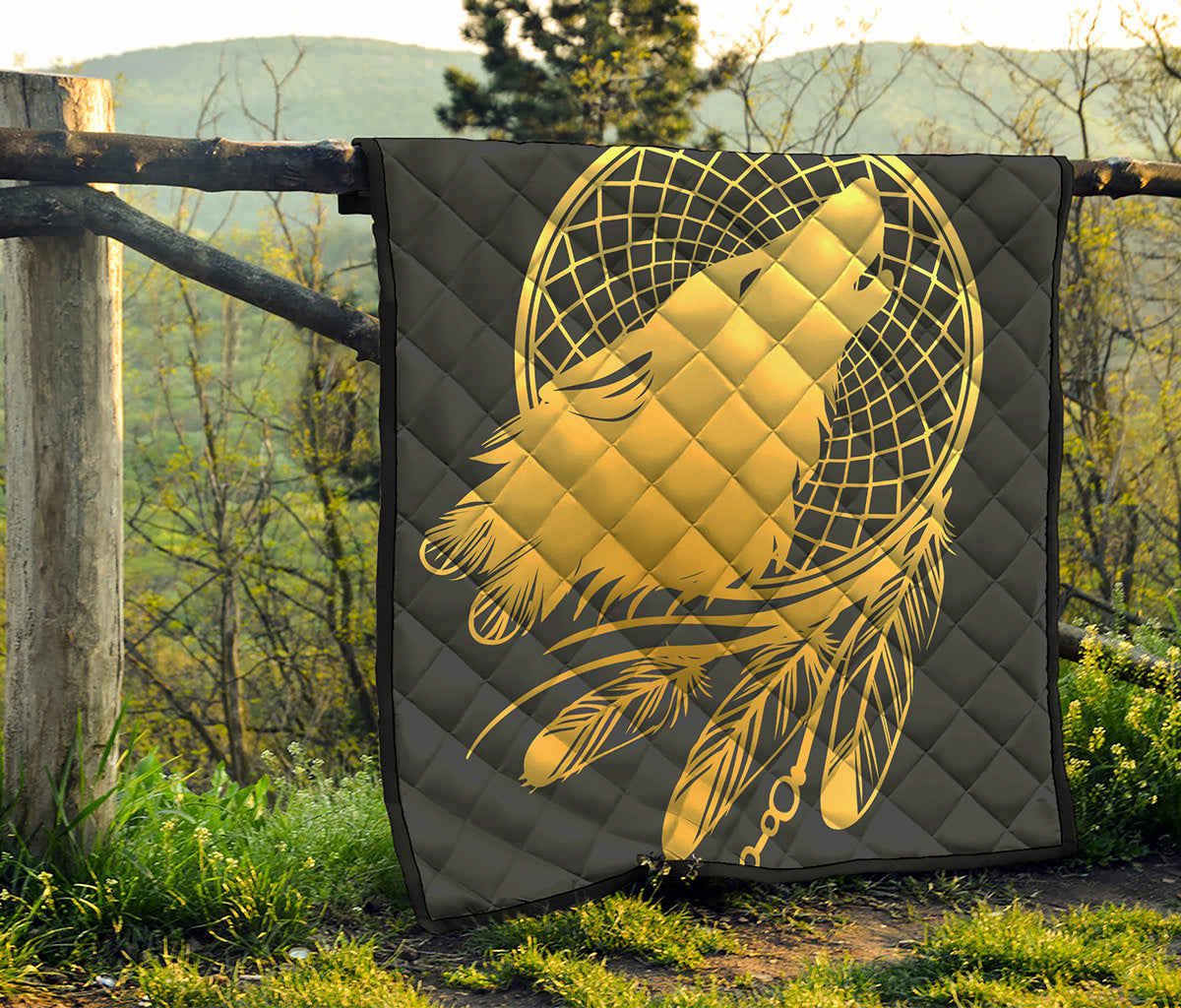 Golden Bohemian Howling Wolf Print Quilt