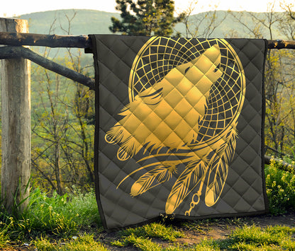 Golden Bohemian Howling Wolf Print Quilt