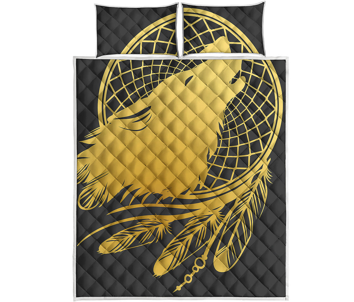 Golden Bohemian Howling Wolf Print Quilt Bed Set