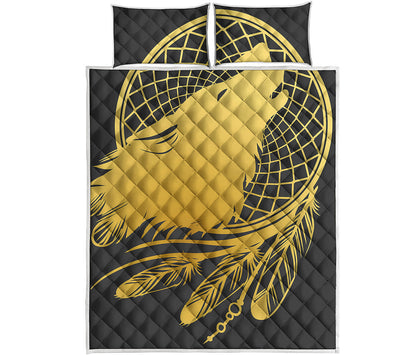 Golden Bohemian Howling Wolf Print Quilt Bed Set