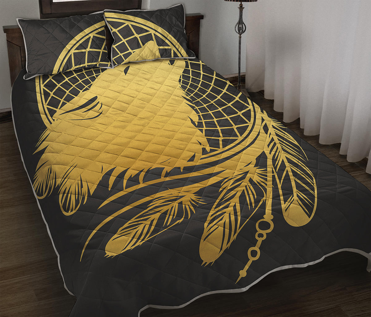 Golden Bohemian Howling Wolf Print Quilt Bed Set