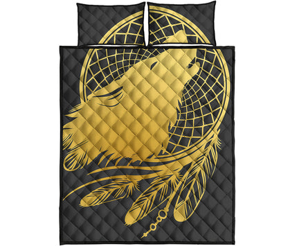 Golden Bohemian Howling Wolf Print Quilt Bed Set