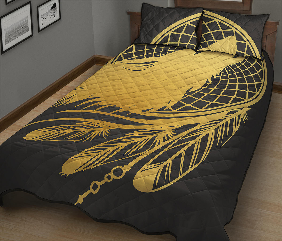 Golden Bohemian Howling Wolf Print Quilt Bed Set