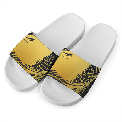 Golden Bohemian Howling Wolf Print White Slide Sandals