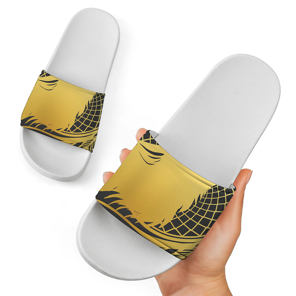 Golden Bohemian Howling Wolf Print White Slide Sandals