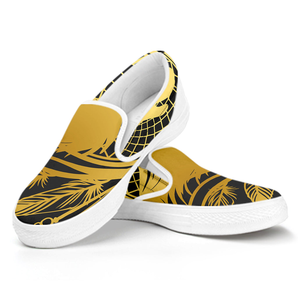 Golden Bohemian Howling Wolf Print White Slip On Shoes