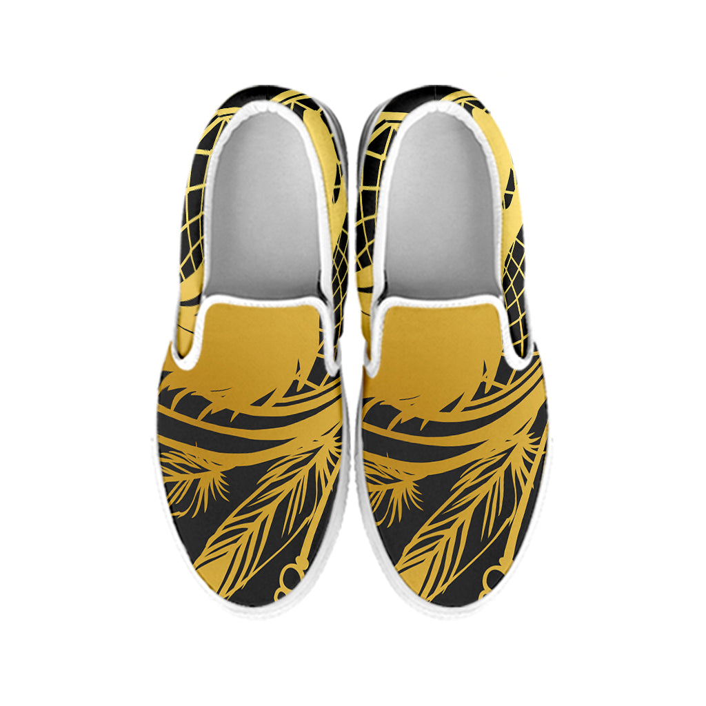 Golden Bohemian Howling Wolf Print White Slip On Shoes
