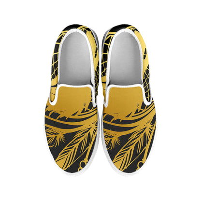 Golden Bohemian Howling Wolf Print White Slip On Shoes