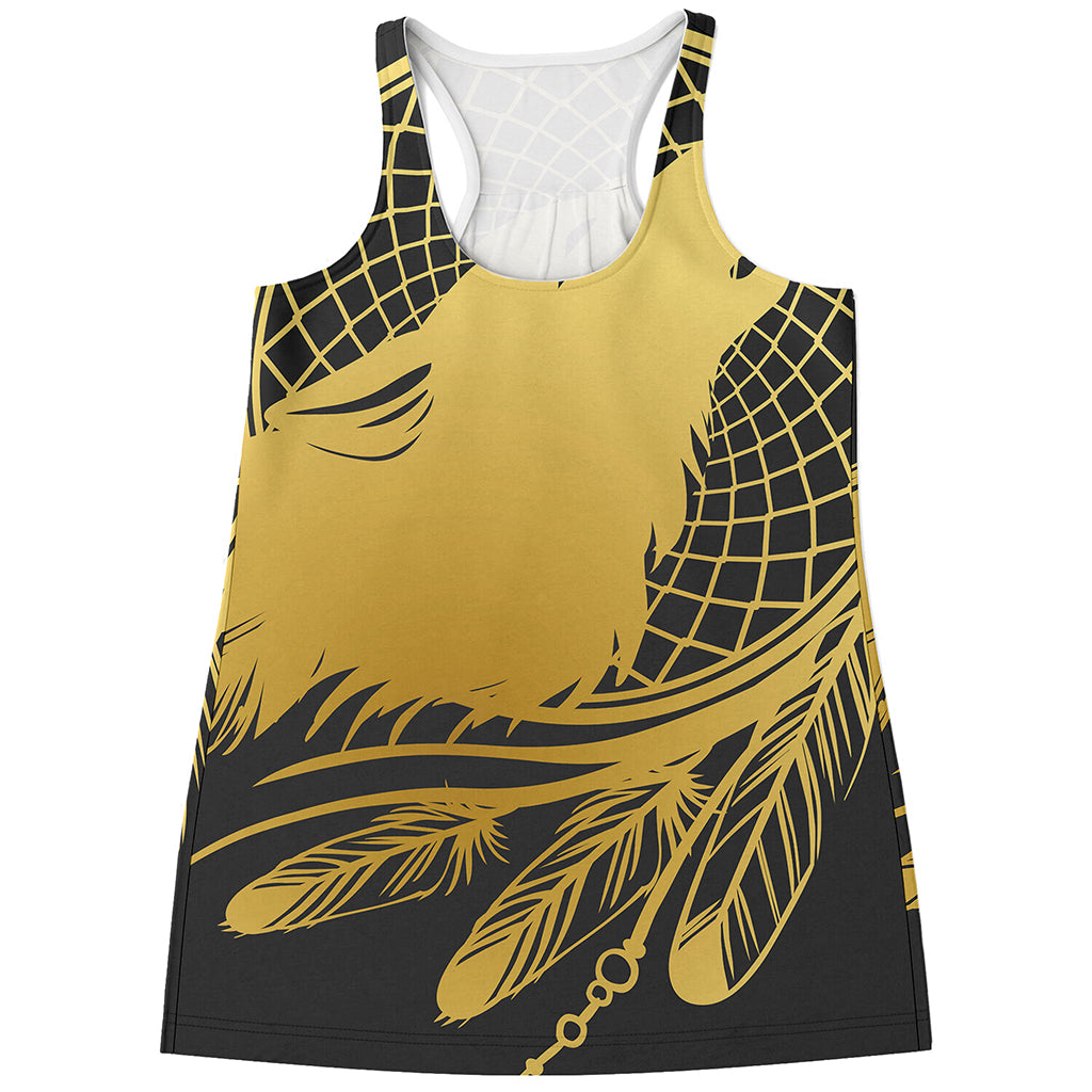 Golden Bohemian Howling Wolf Print Women's Racerback Tank Top