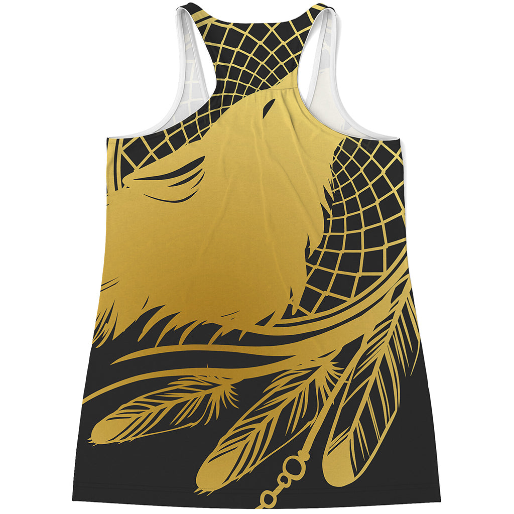 Golden Bohemian Howling Wolf Print Women's Racerback Tank Top