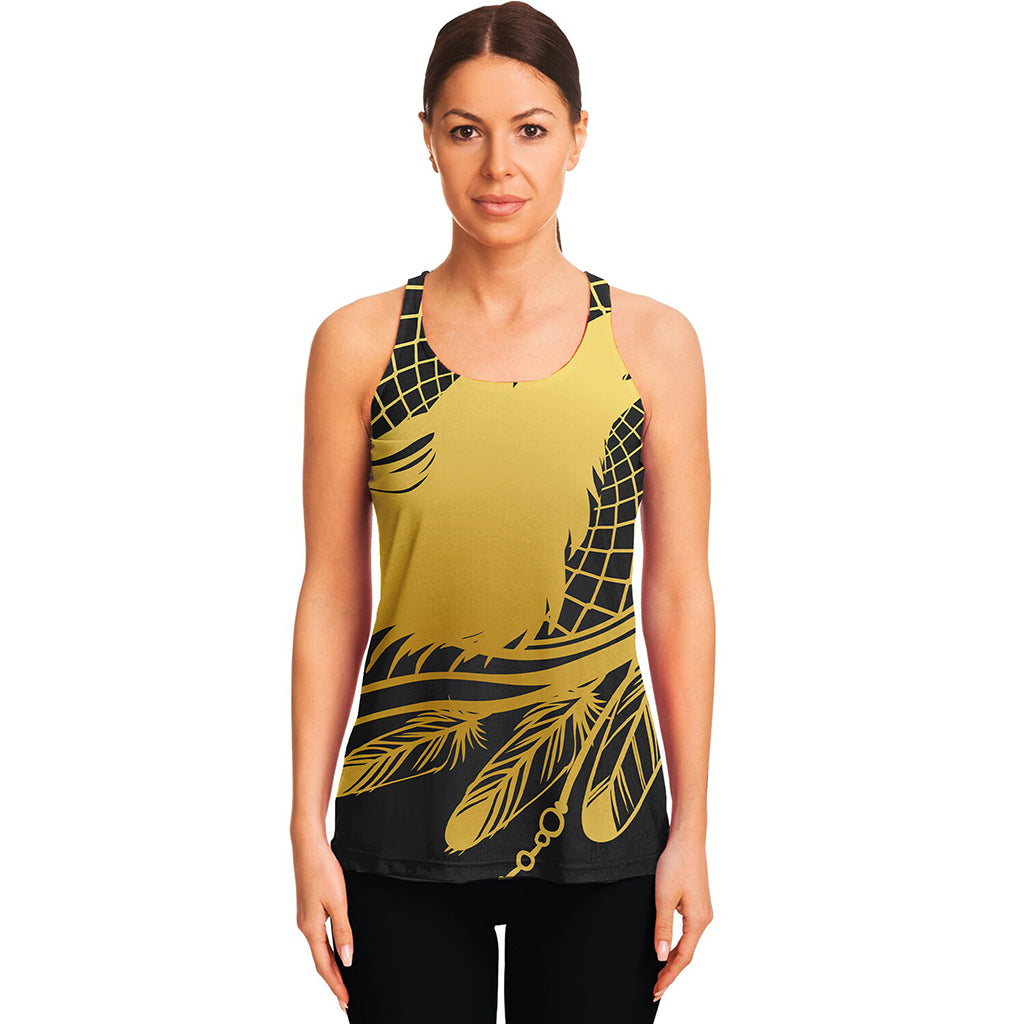 Golden Bohemian Howling Wolf Print Women's Racerback Tank Top