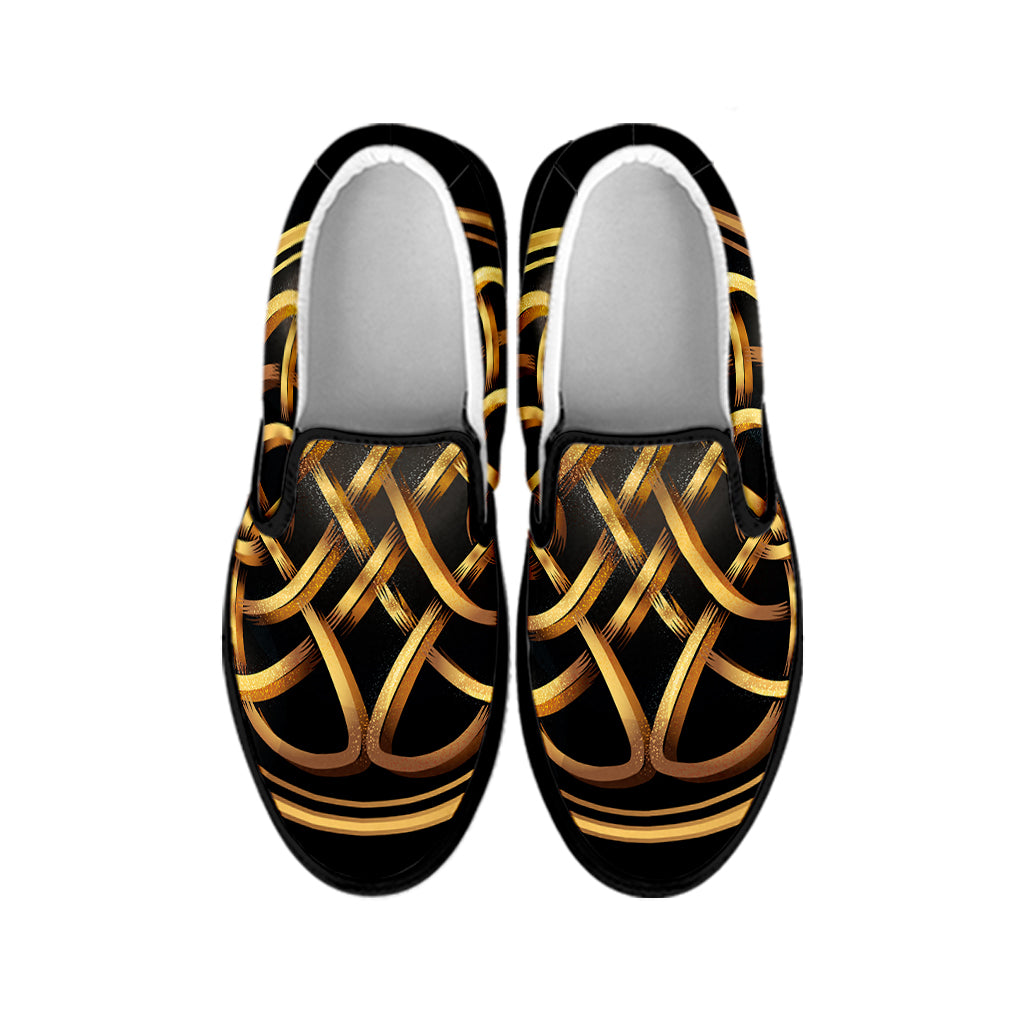 Golden Celtic Knot Print Black Slip On Shoes