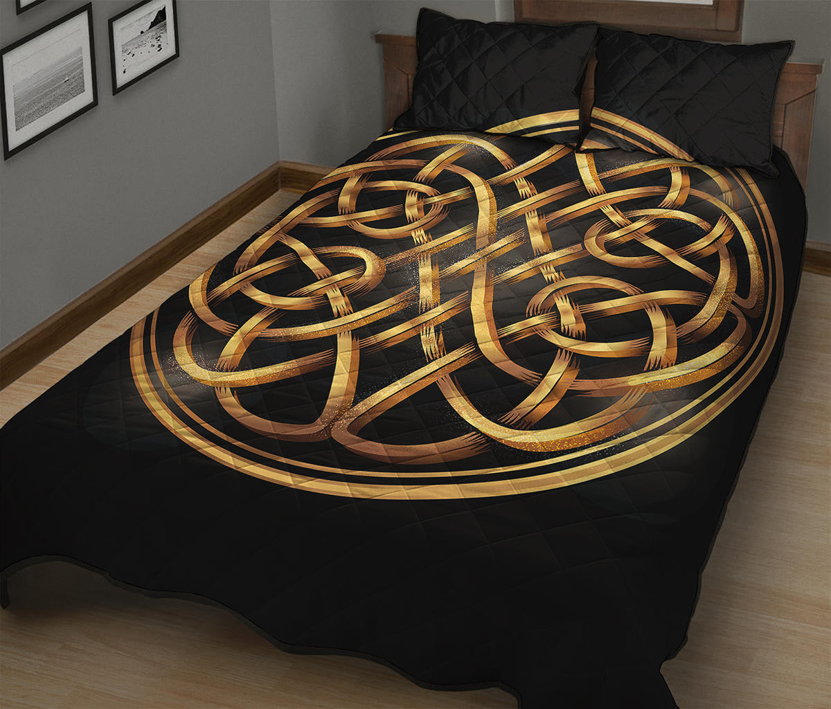 Golden Celtic Knot Print Quilt Bed Set