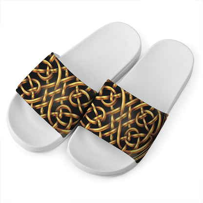 Golden Celtic Knot Print White Slide Sandals