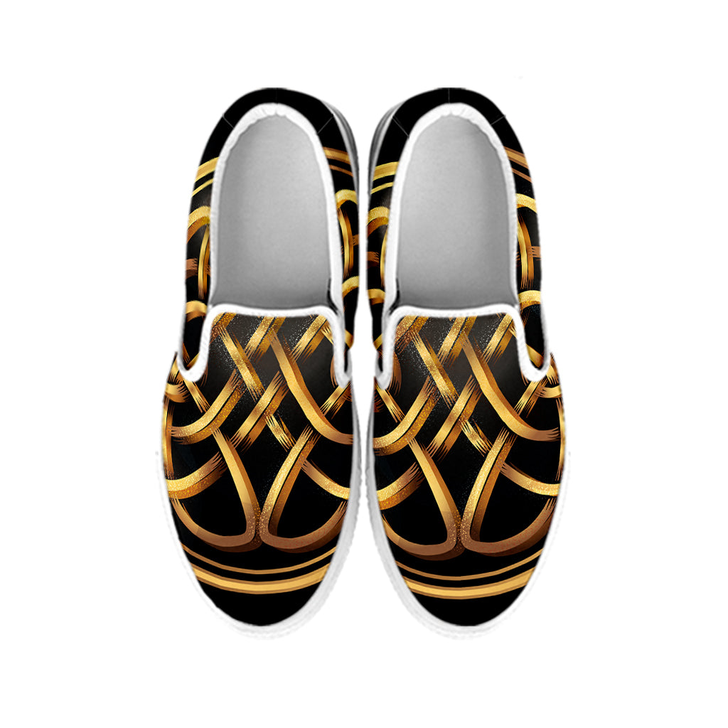 Golden Celtic Knot Print White Slip On Shoes
