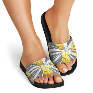 Golden Dollar Sign Explosion Print Black Slide Sandals