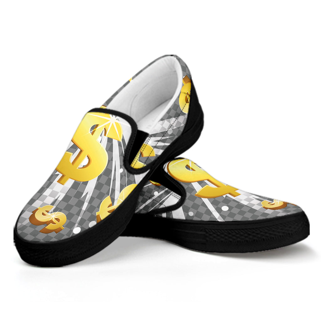 Golden Dollar Sign Explosion Print Black Slip On Shoes