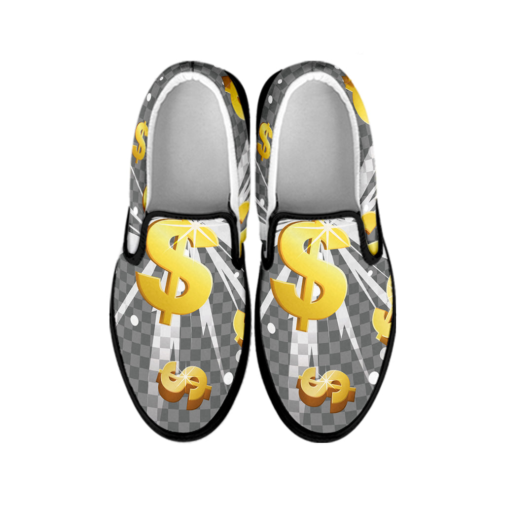 Golden Dollar Sign Explosion Print Black Slip On Shoes