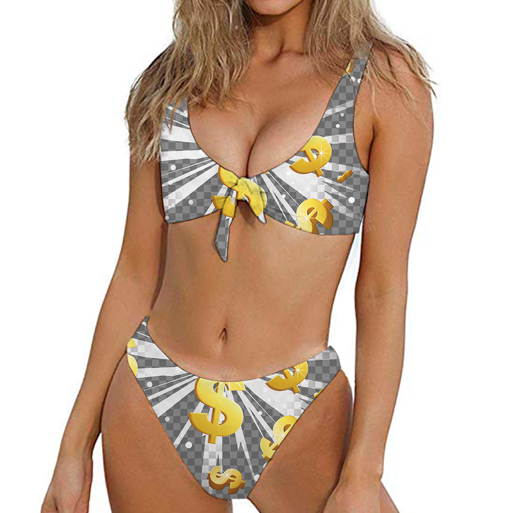 Golden Dollar Sign Explosion Print Front Bow Tie Bikini