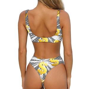 Golden Dollar Sign Explosion Print Front Bow Tie Bikini