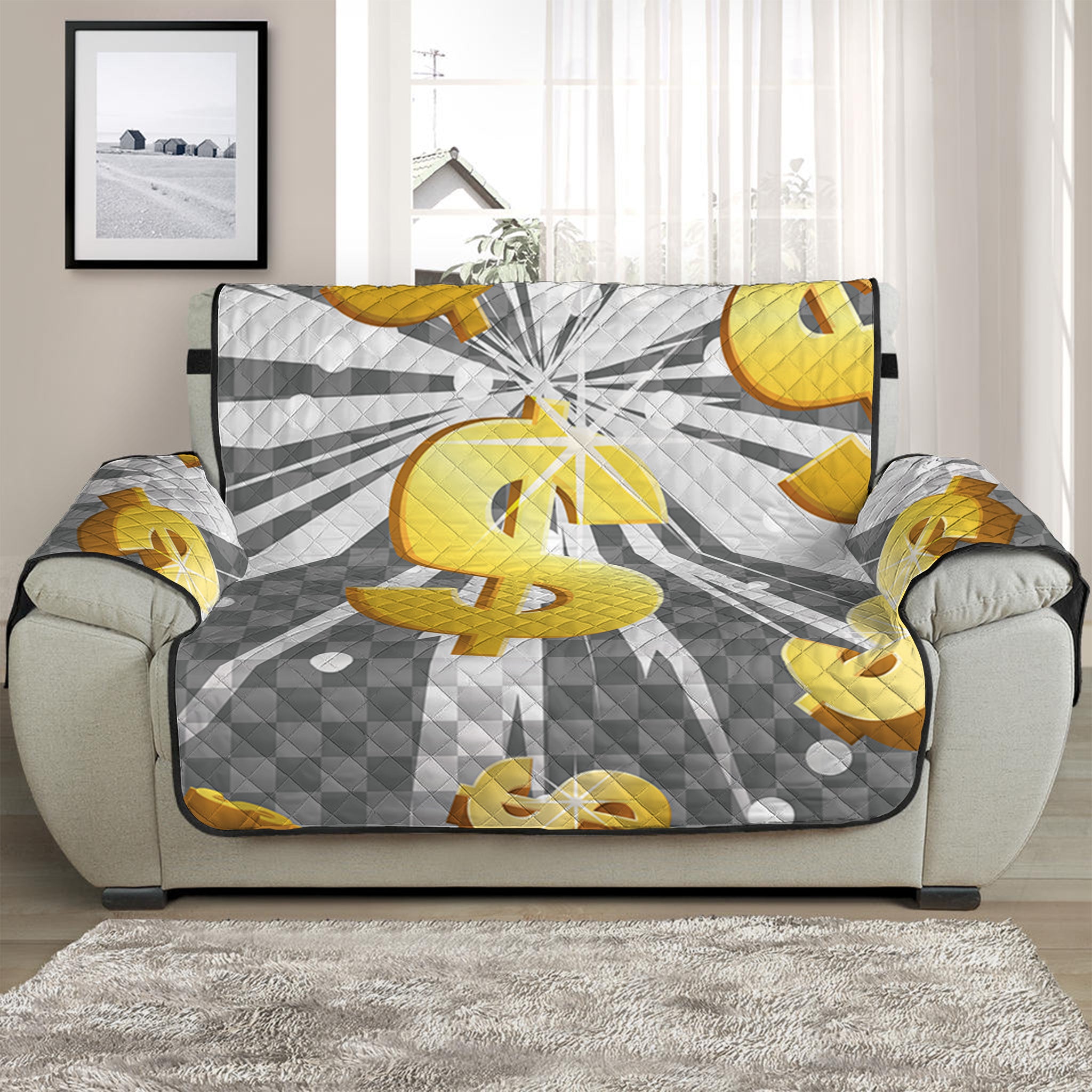 Golden Dollar Sign Explosion Print Half Sofa Protector