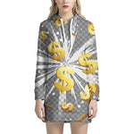 Golden Dollar Sign Explosion Print Hoodie Dress