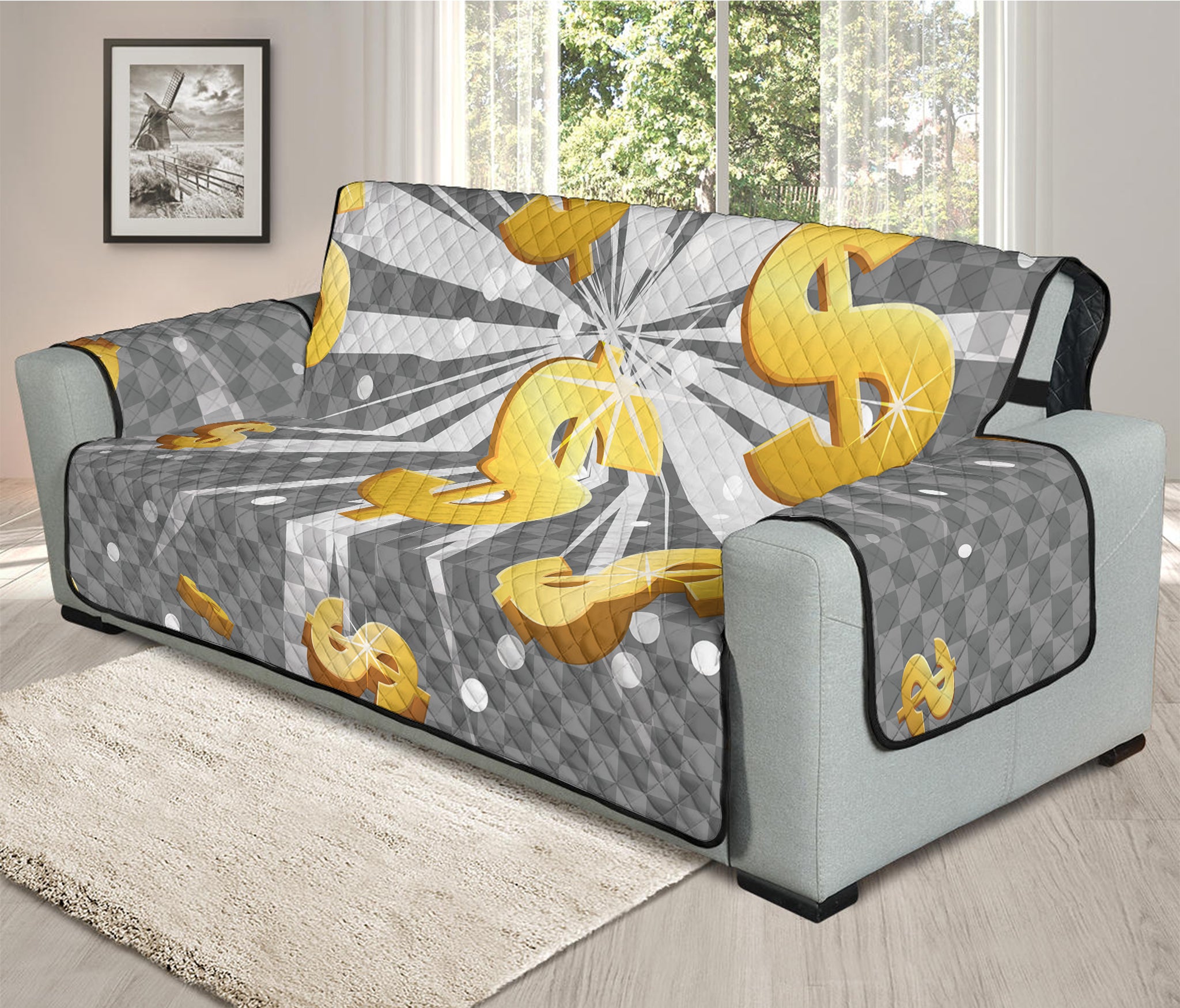 Golden Dollar Sign Explosion Print Oversized Sofa Protector