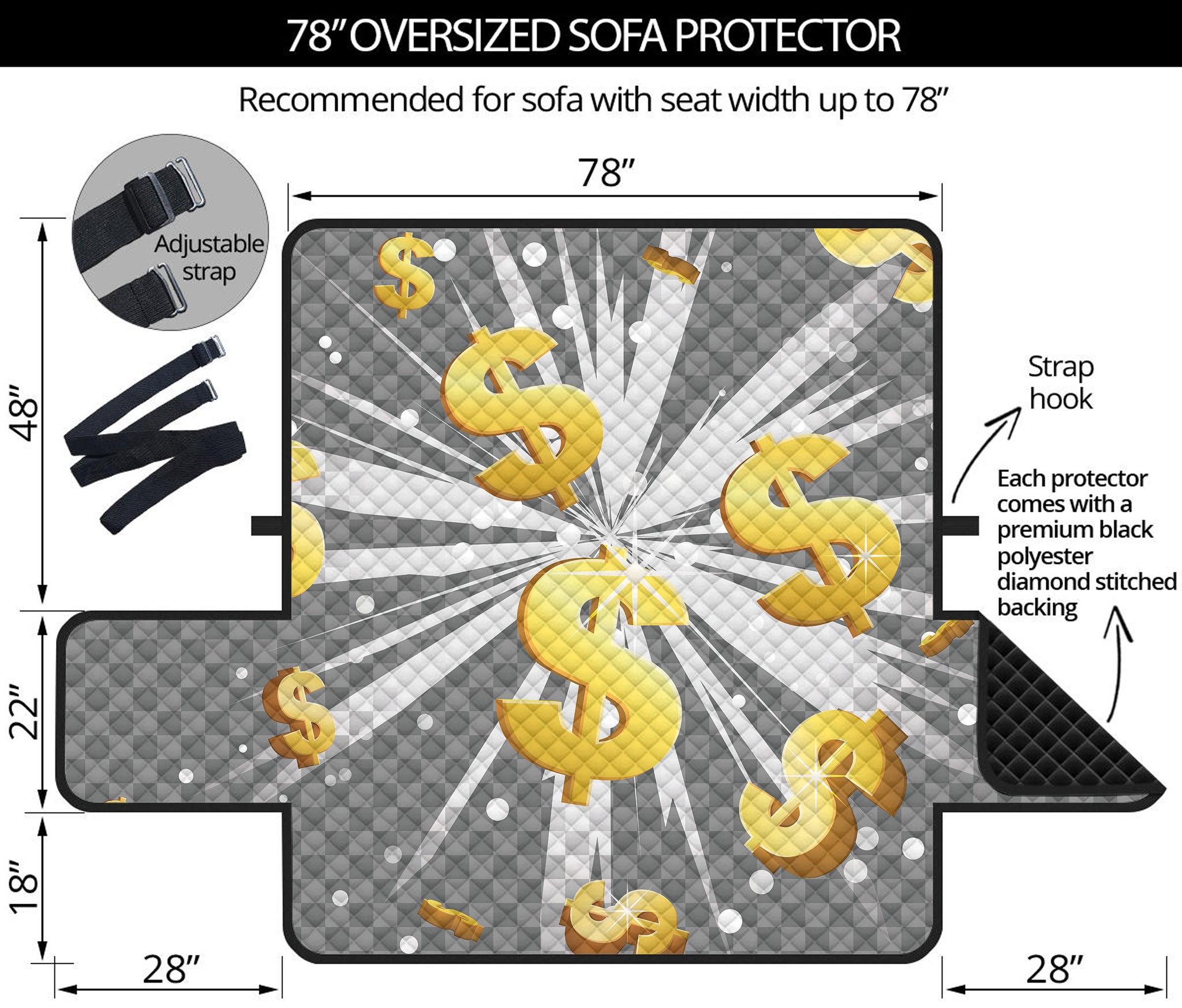 Golden Dollar Sign Explosion Print Oversized Sofa Protector