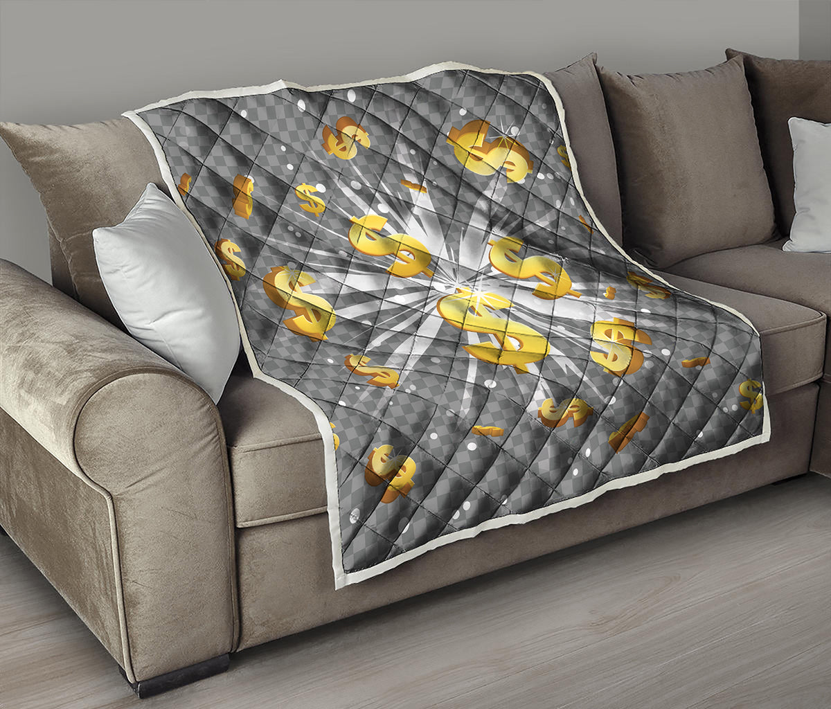 Golden Dollar Sign Explosion Print Quilt