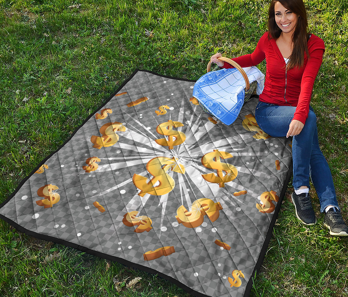 Golden Dollar Sign Explosion Print Quilt