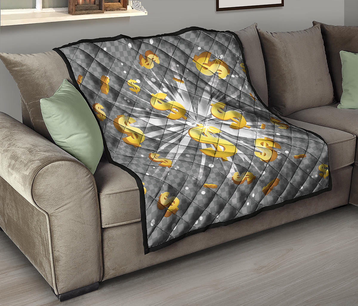 Golden Dollar Sign Explosion Print Quilt