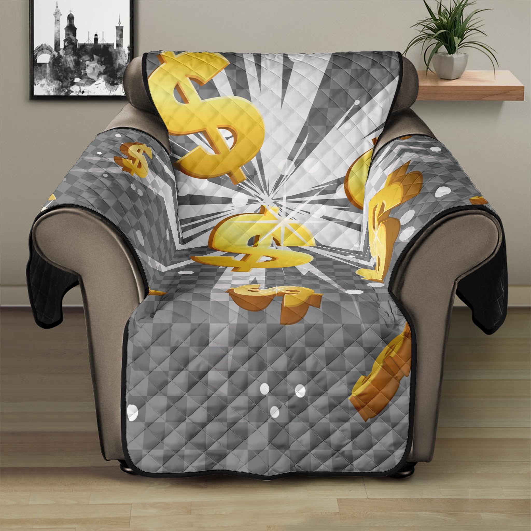 Golden Dollar Sign Explosion Print Recliner Protector