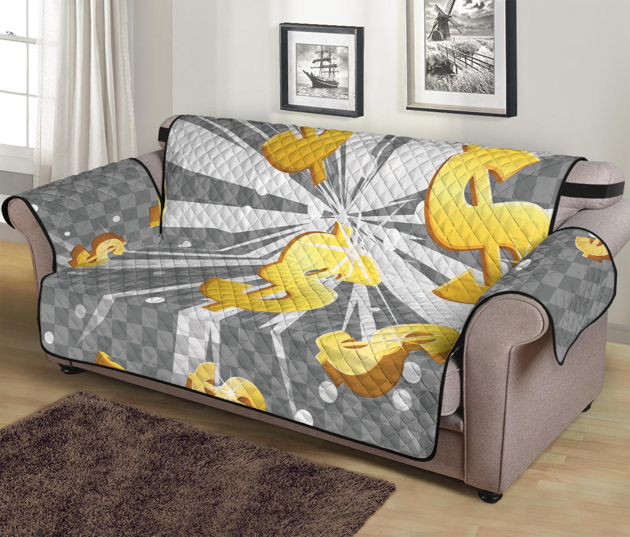 Golden Dollar Sign Explosion Print Sofa Protector