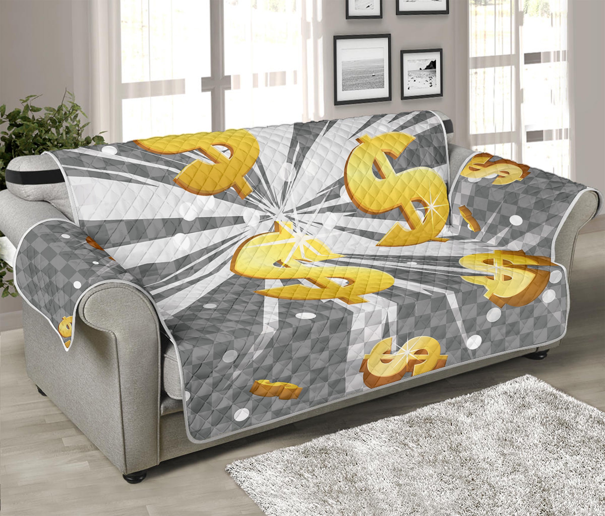 Golden Dollar Sign Explosion Print Sofa Protector