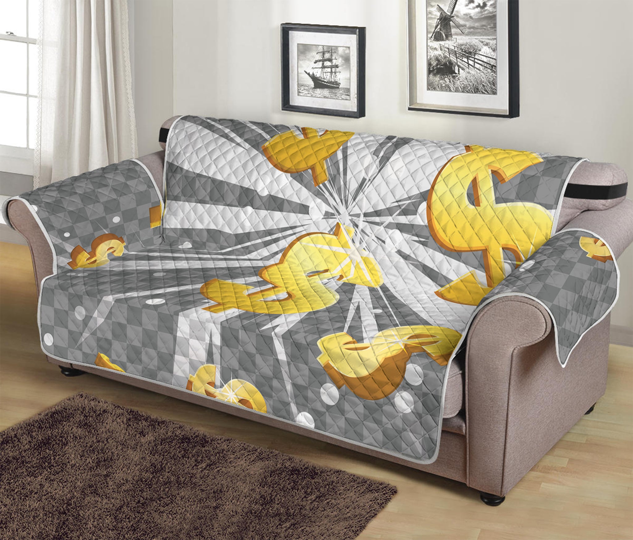 Golden Dollar Sign Explosion Print Sofa Protector